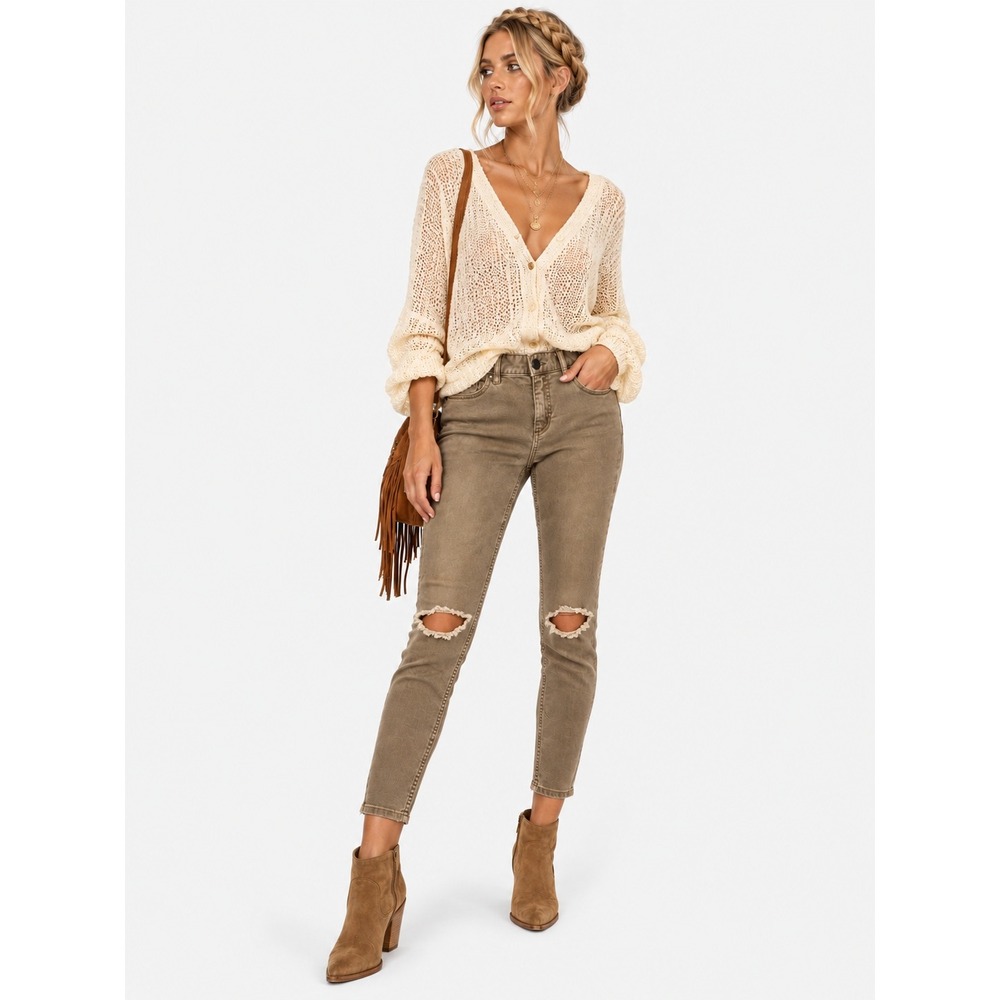 Free People Tan Distressed Skinny Jeans Khaki Mid Rise Raw Hem 25